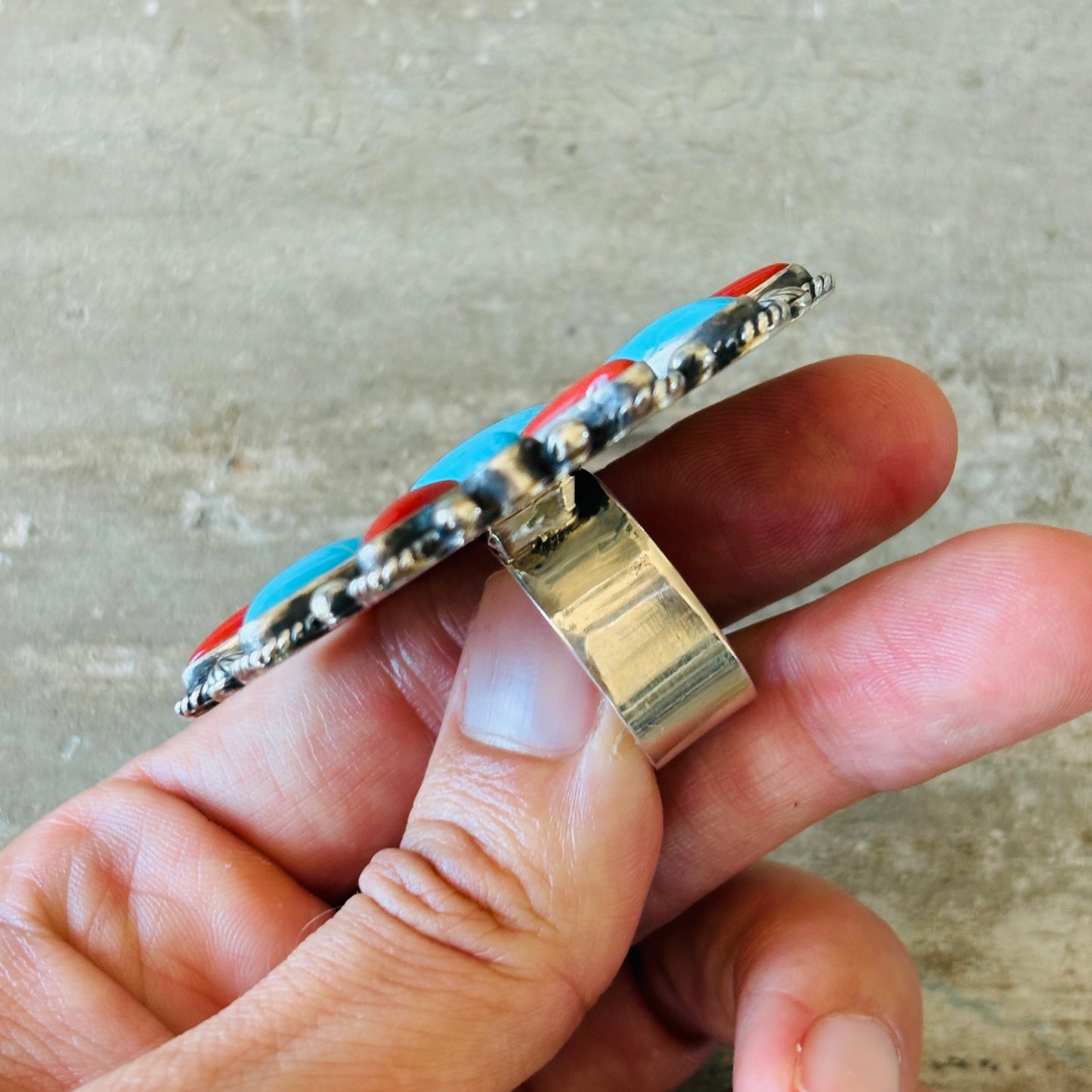 Navajo Tyler Brown Sterling Silver - Red Coral & Kingman Cluster Statement Ring