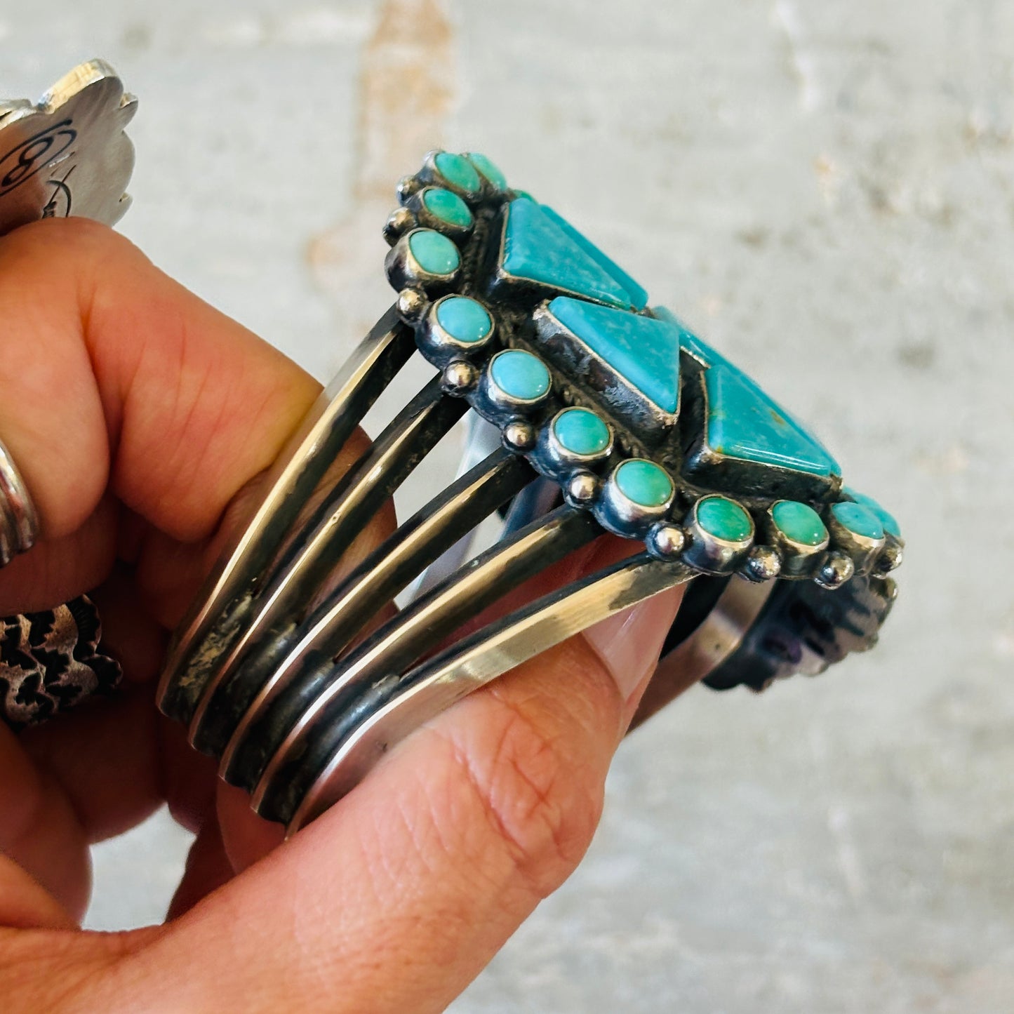 Navajo Anthony Skeets Sterling Silver & Kingman Turquoise Cluster Statement Cuff