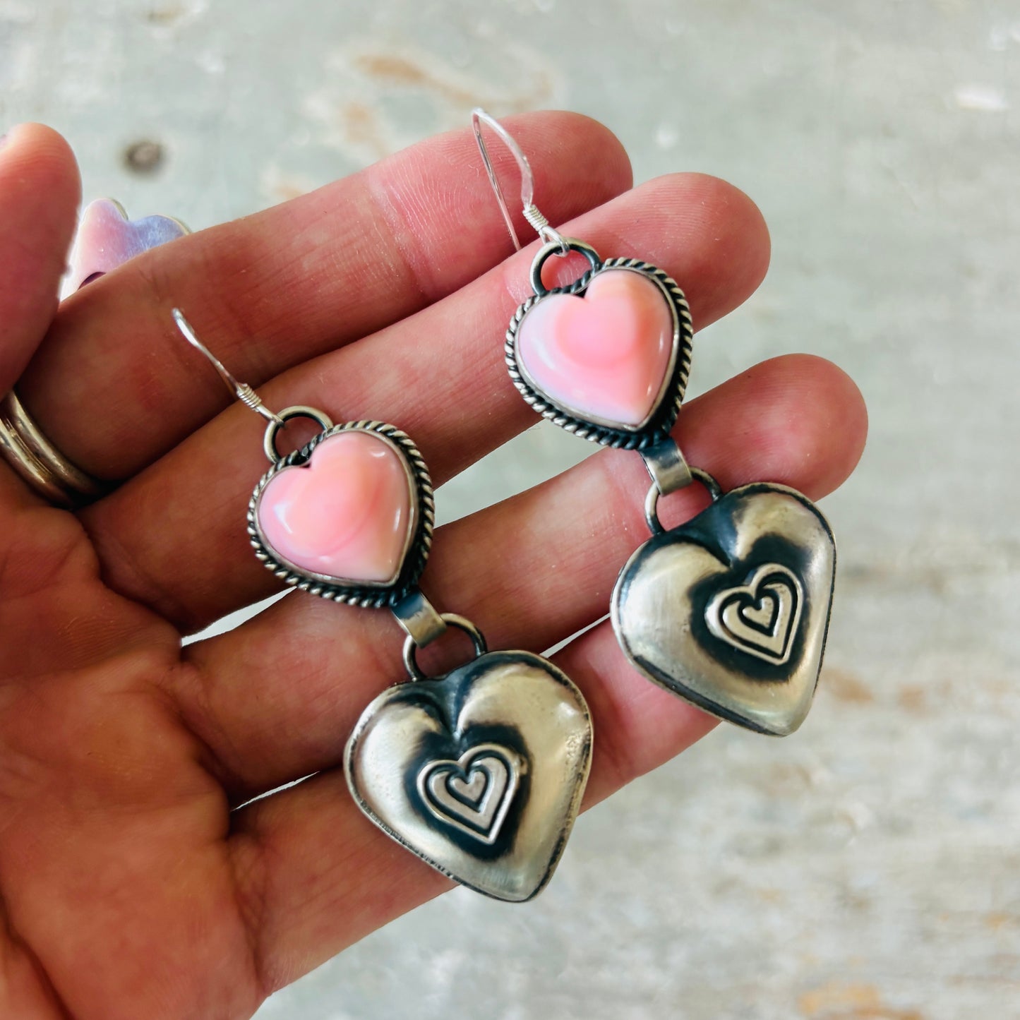 Navajo Hemerson Brown Sterling Silver & Pink Conch Heart Statement Earrings