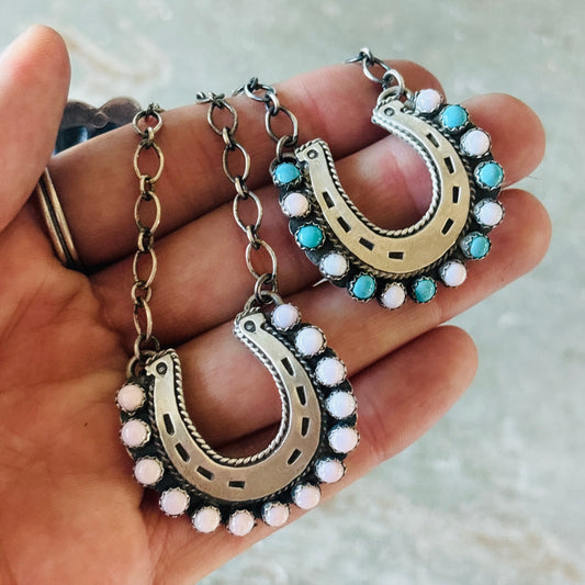 Navajo Emer Thompson Sterling - Pink Conch & Turquoise Horseshoe Necklace