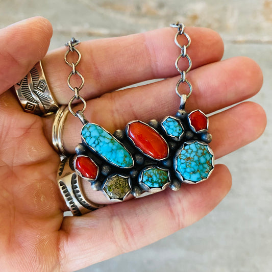 Navajo Dave Skeets Sterling Silver Red Coral & Turquoise Necklace