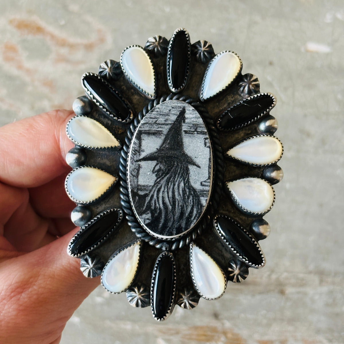 Navajo Kindale Billah Sterling Silver - Ceramic - Mother of Pearl & Black Onyx Witch Ring