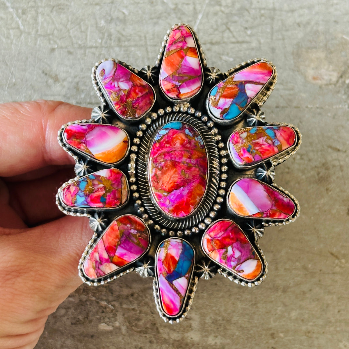 Navajo Hemerson Brown Sterling Silver & Pink Dahlia Mojave Cluster Ring