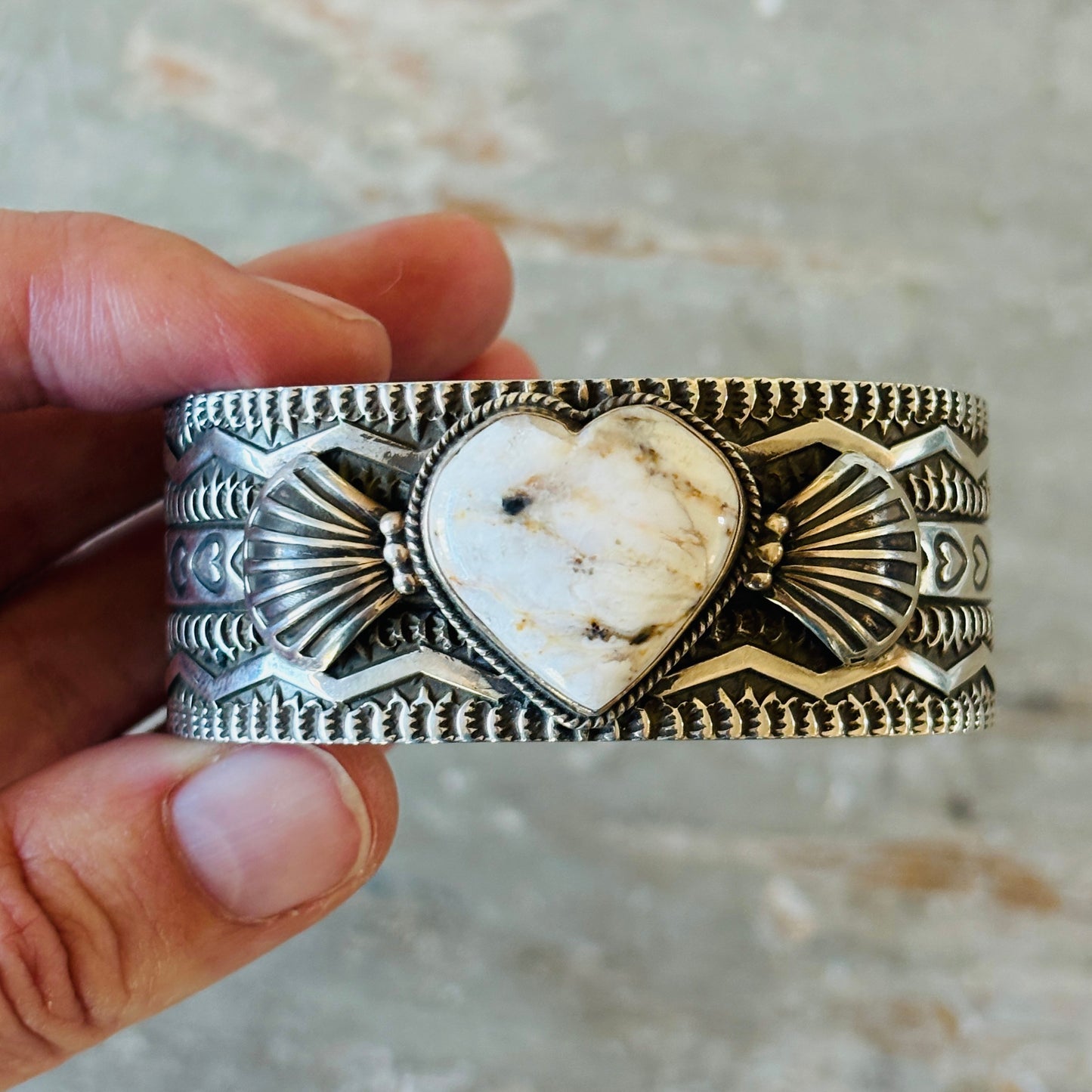 Navajo Darrell Cadman Sterling Silver & White Buffalo Hearts Stacker Cuff