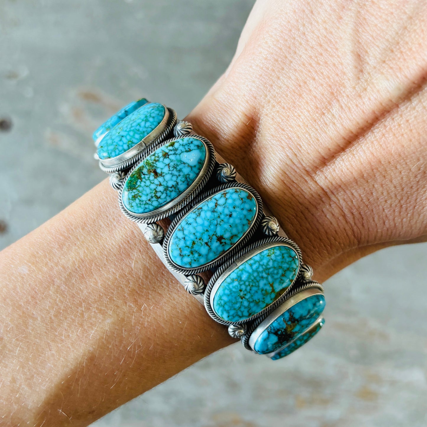 Navajo Freddie Maloney Sterling Silver & Spiderweb Kingman Turquoise 7 Stone Statement Cuff