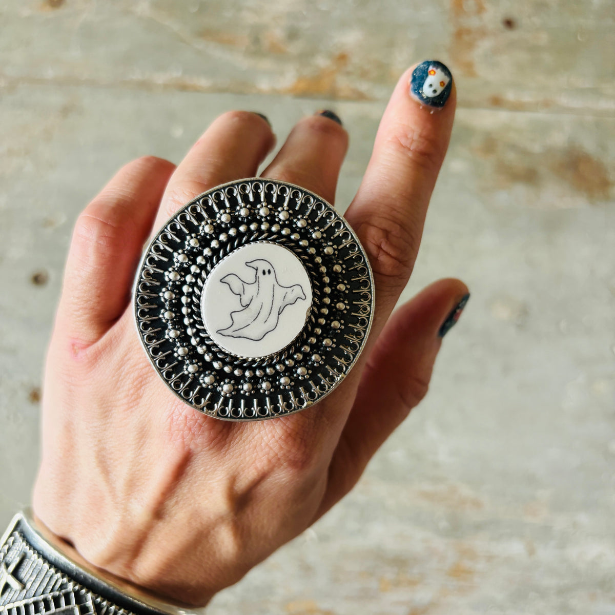 Navajo Kindale Billah Sterling Silver & Ceramic Ghost Ring