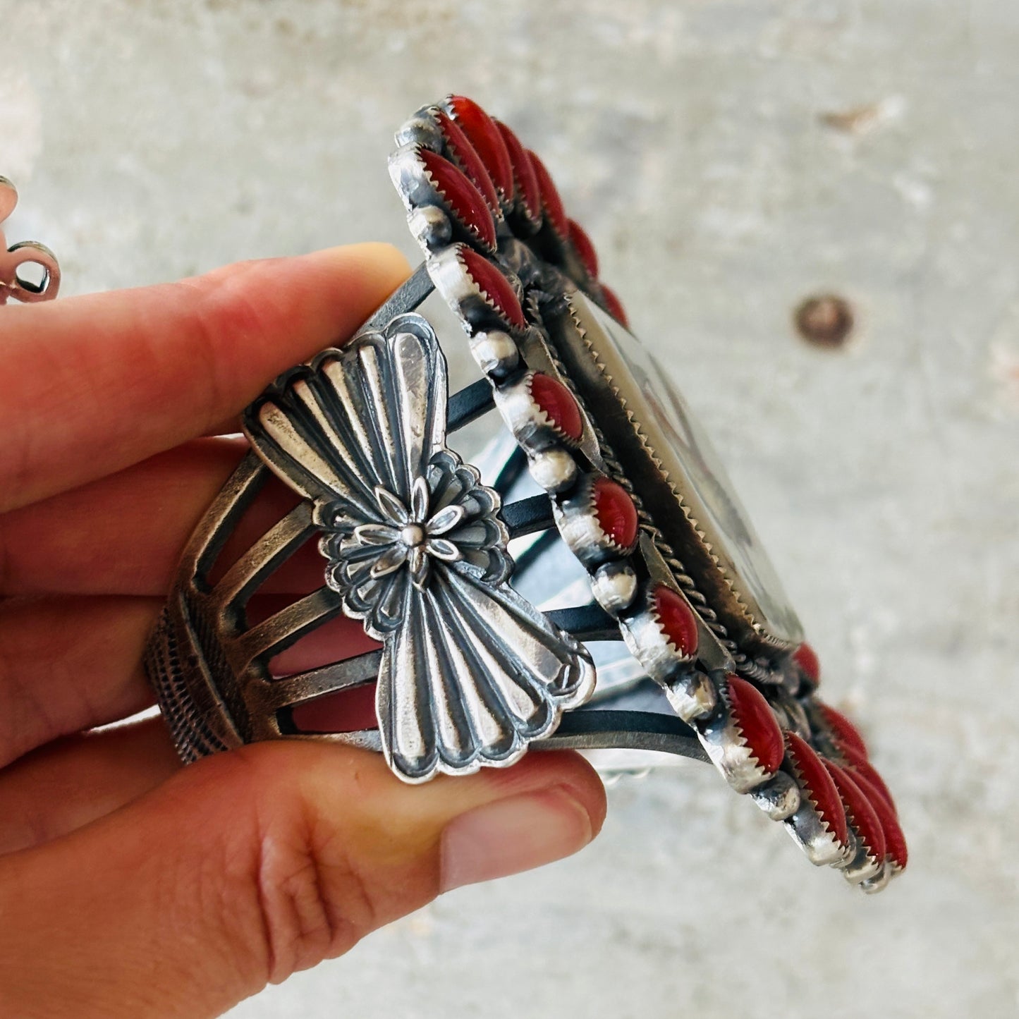 Navajo Kindale Billah Sterling Silver - Ceramic & Mediterranean Red Coral Roadrunner Cuff