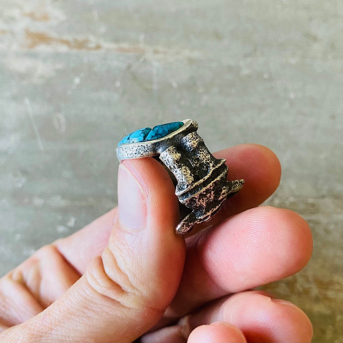 Navajo Lester James Sterling Silver - Red Coral & Turquoise Moon - Yei Tufa Cast Ring