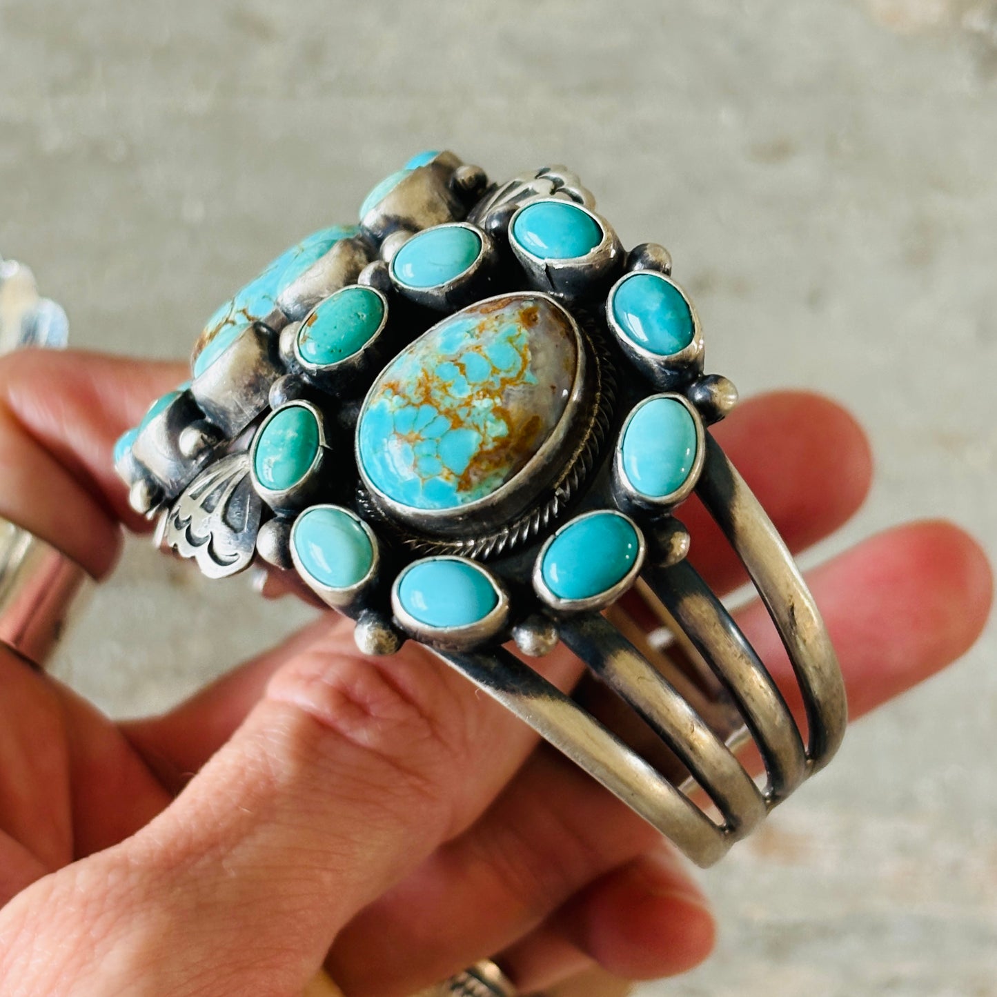 Navajo Paul Livingston Sterling Silver & Mixed Turquoise Cluster Cuff