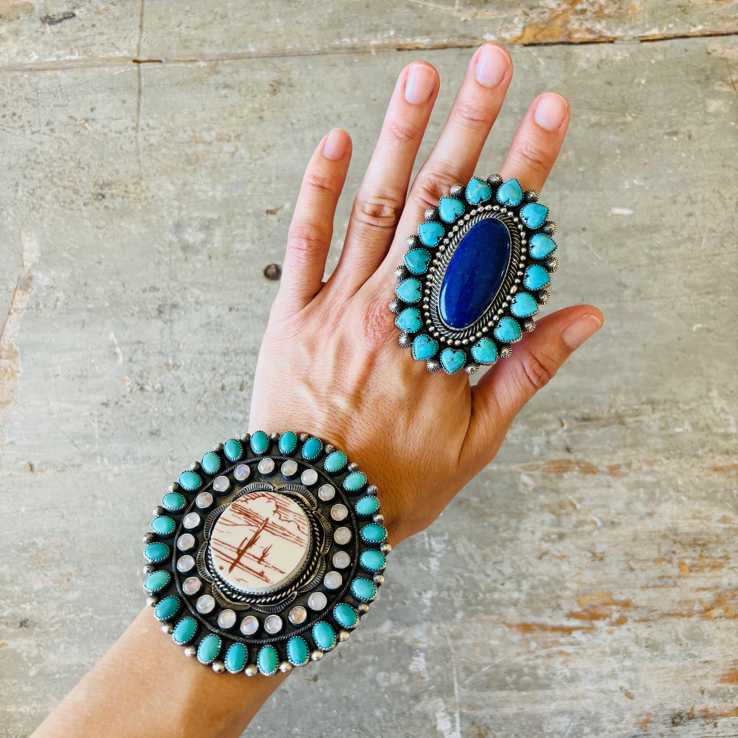 Navajo Hemerson Brown Sterling Silver & Kingman Turquoise Hearts Cluster Ring
