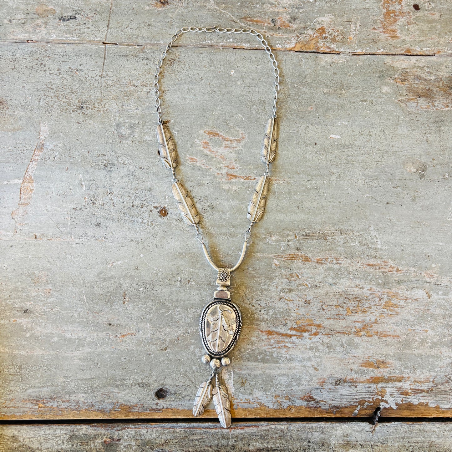 Vintage Navajo Jeff Jackson Sterling Silver Feathers Statement Necklace