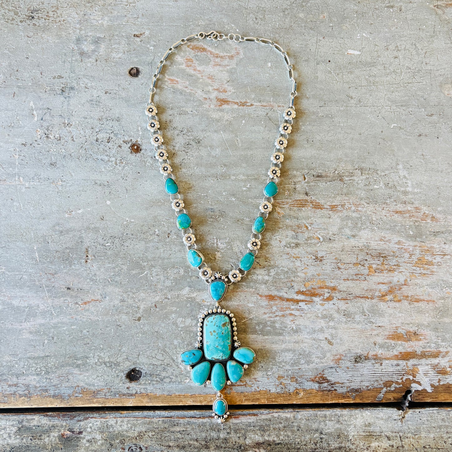 Navajo Albert Dawes Sterling Silver & Armenian Turquoise Statement Floral Necklace