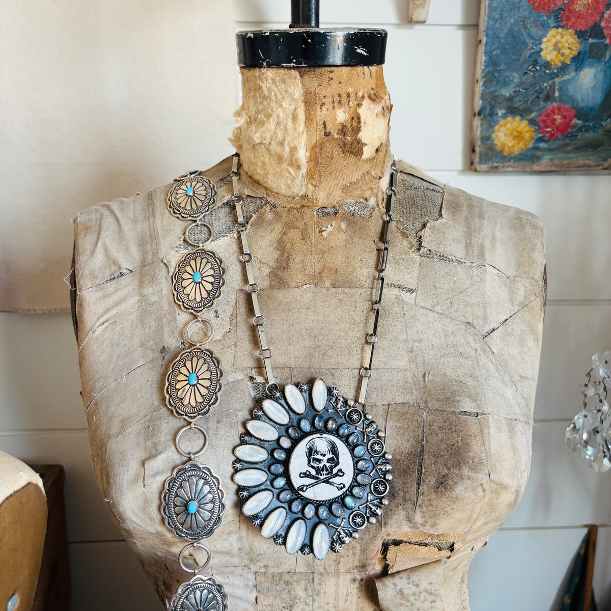 Navajo Kindale Billah Sterling Silver - Ceramic - Mother of Pearl & Moonstone Skull Necklace