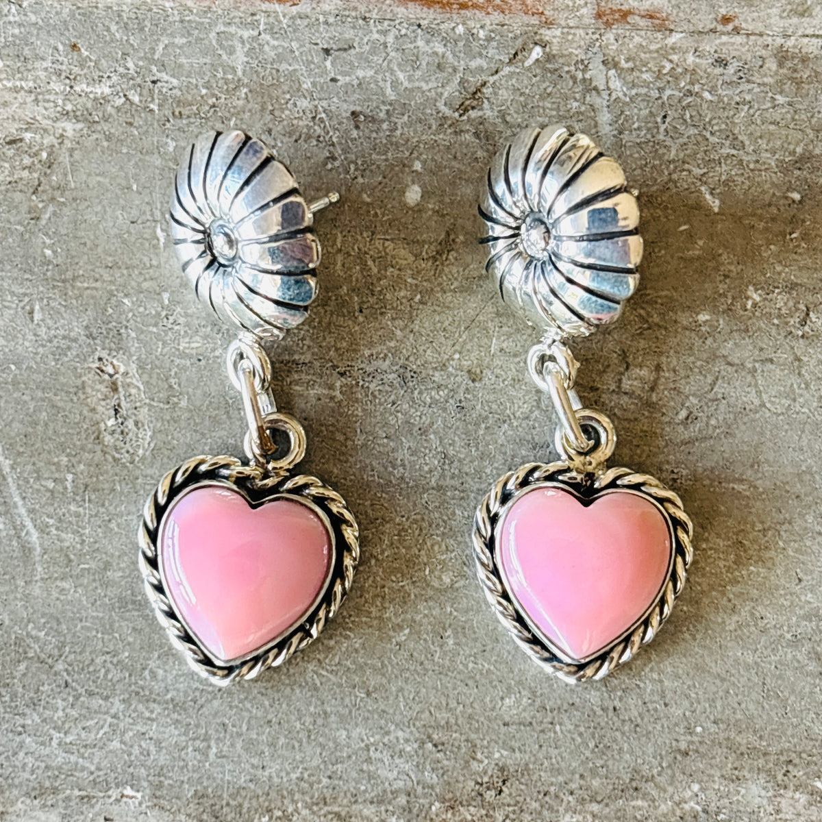 Navajo Signed Sterling Silver & Pink Conch Heart Earrings
