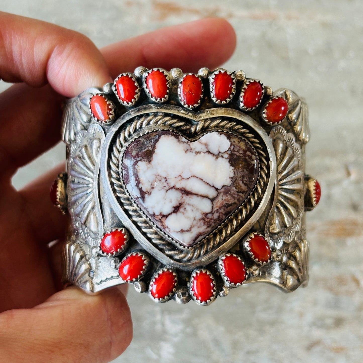 Navajo Glenn Livingston Sterling Silver - Red Coral & Wild Horse Jasper Heart Statement Cuff
