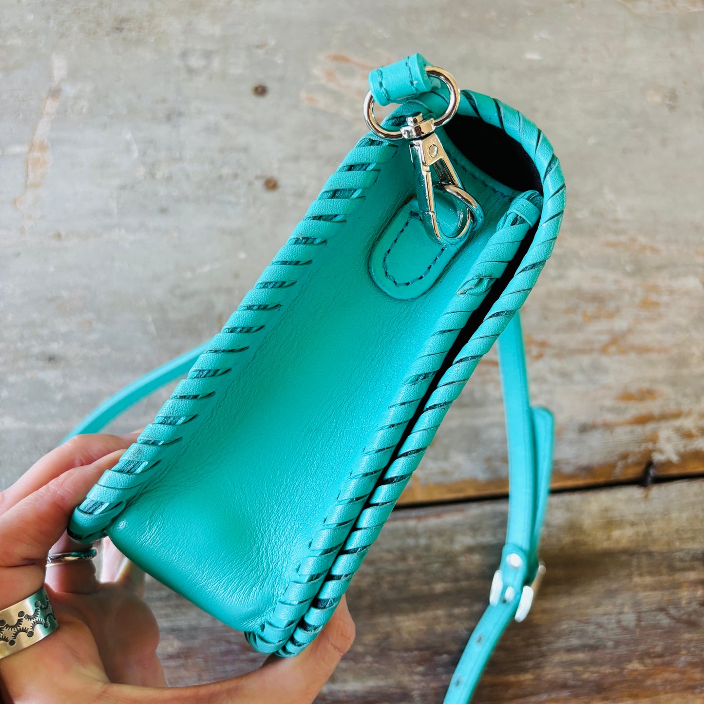 Navajo Hemerson Brown Sterling Silver & Kingman Turquoise Embellished Leather Blue Crossbody Bag