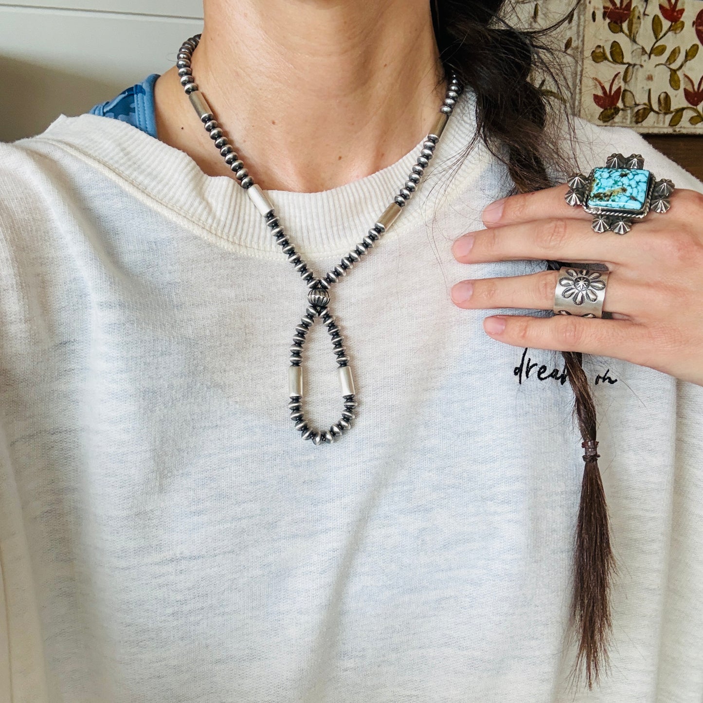 Navajo Tonisha Haley Sterling Silver 6.5mm Handmade Pearls Jacla Necklace