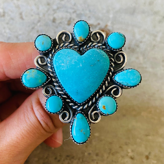 Navajo Lorenzo & Jerilyn Chee Sterling Silver & Campitos Turquoise Heart Ring