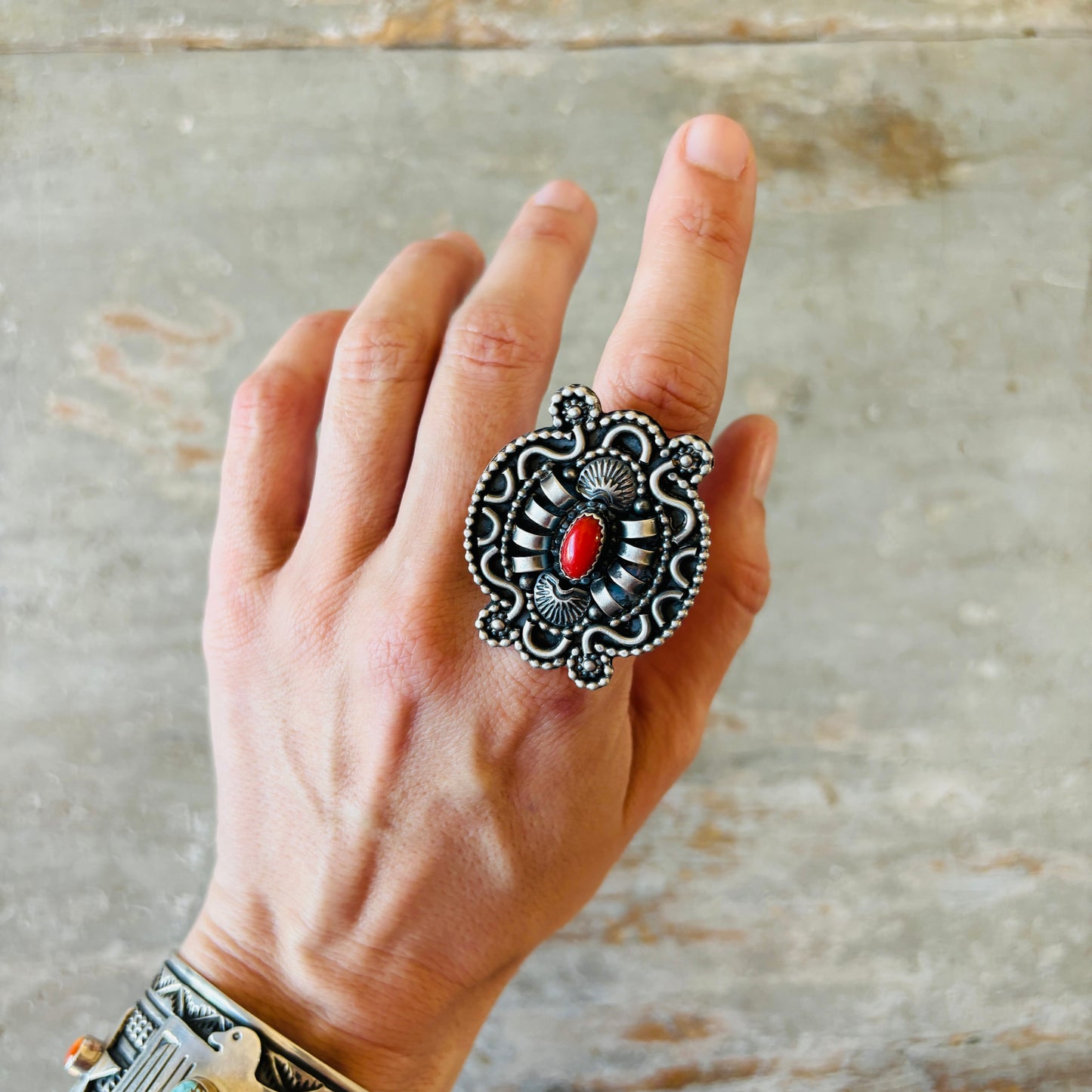Navajo Braxton Parkett Sterling Silver & Red Coral Statement Ring