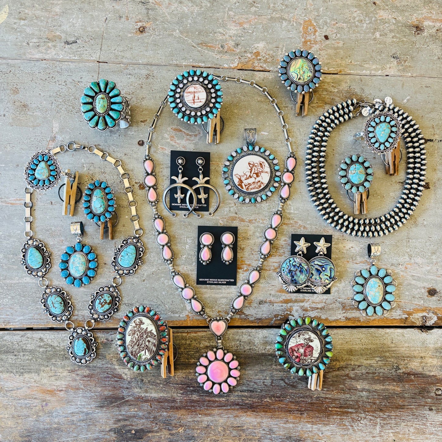Navajo Hemerson Brown Sterling Silver - Sonoran Turquoise & Blue Lab Opal Cluster Statement Pendant