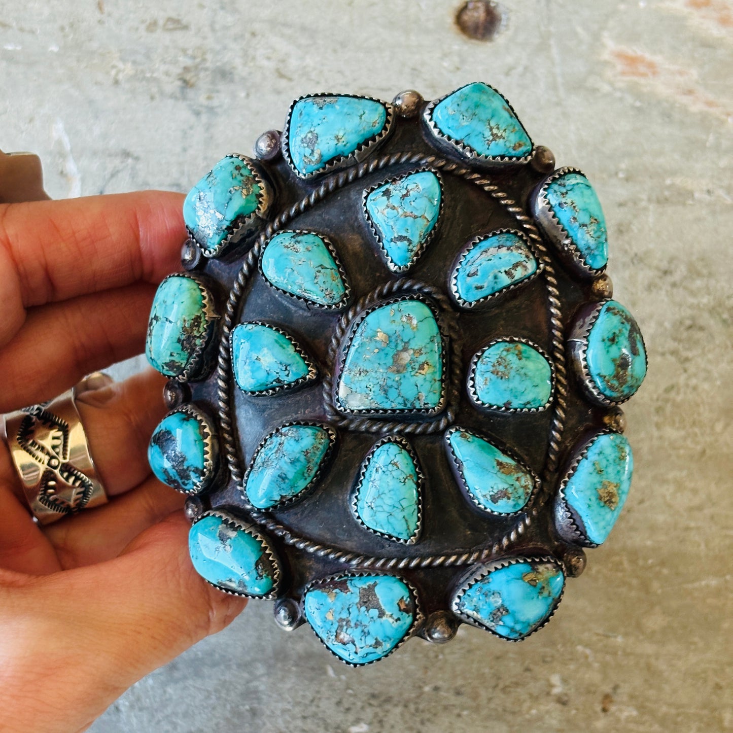 Vintage Navajo Sterling Silver & Morenci Turquoise Cluster Statement Cuff