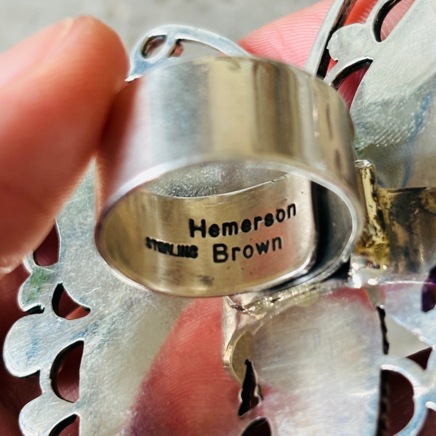 Navajo Hemerson Brown Sterling Silver & Red - Purple Spiny Butterfly Statement Ring