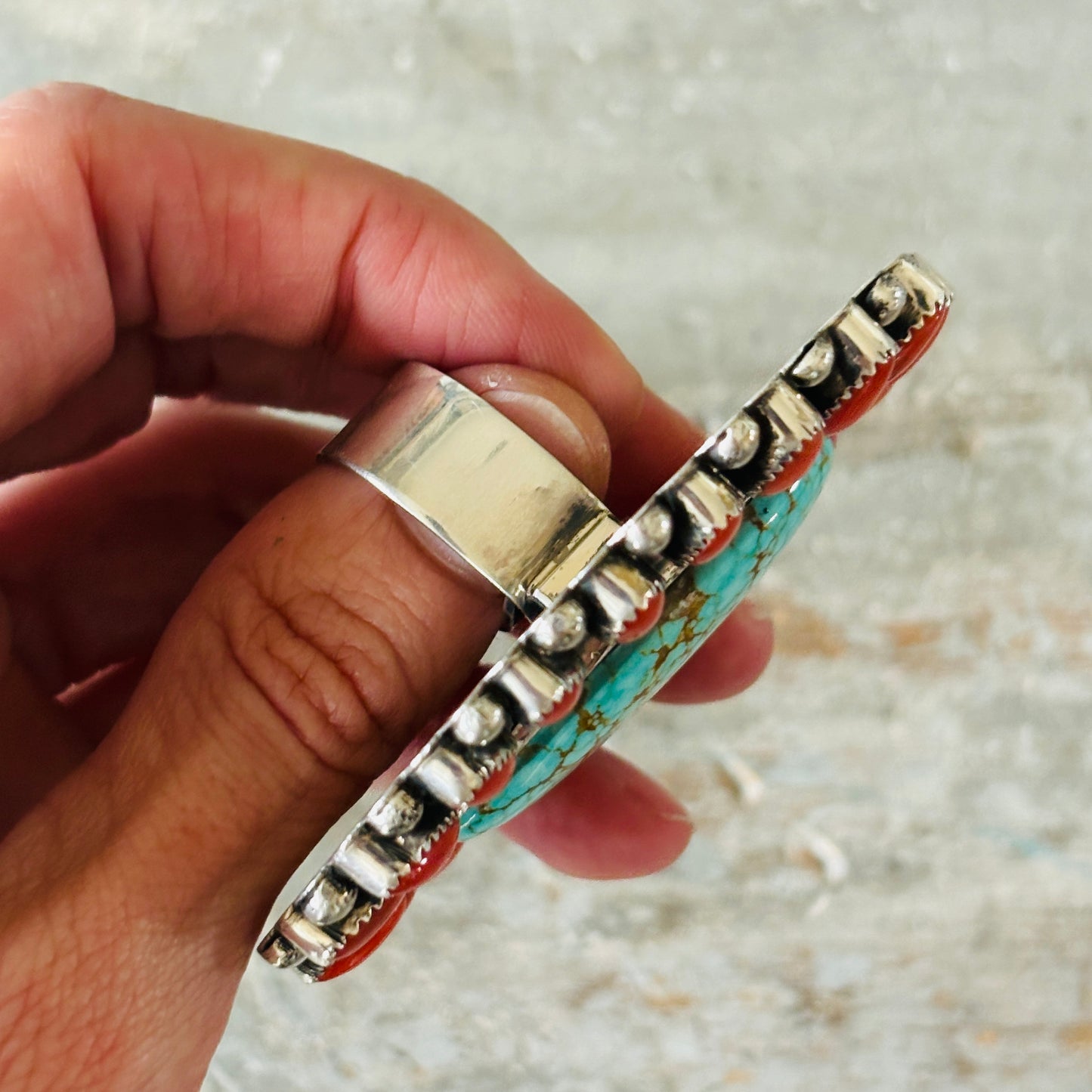 Navajo Hemerson Brown Sterling Silver - Red Coral & #8 Turquoise Cluster Statement Ring