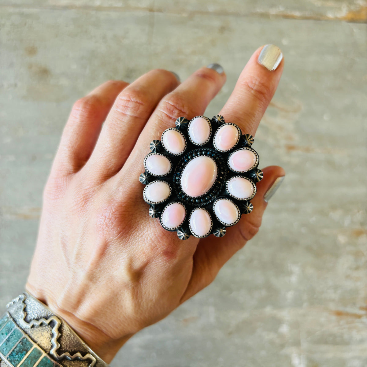 Navajo Dustin Francisco Sterling Silver & Pink Conch Cluster Ring