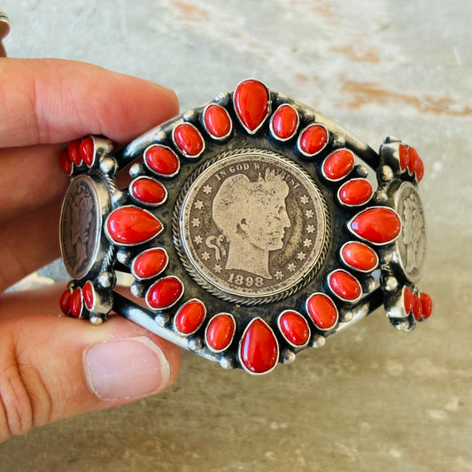 Navajo Darrin Livingston Sterling Silver & Red Coral Coin Cuff