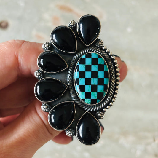 Navajo Faith Begay Sterling Silver - Black Onyx & Turquoise Checkerboard Ring