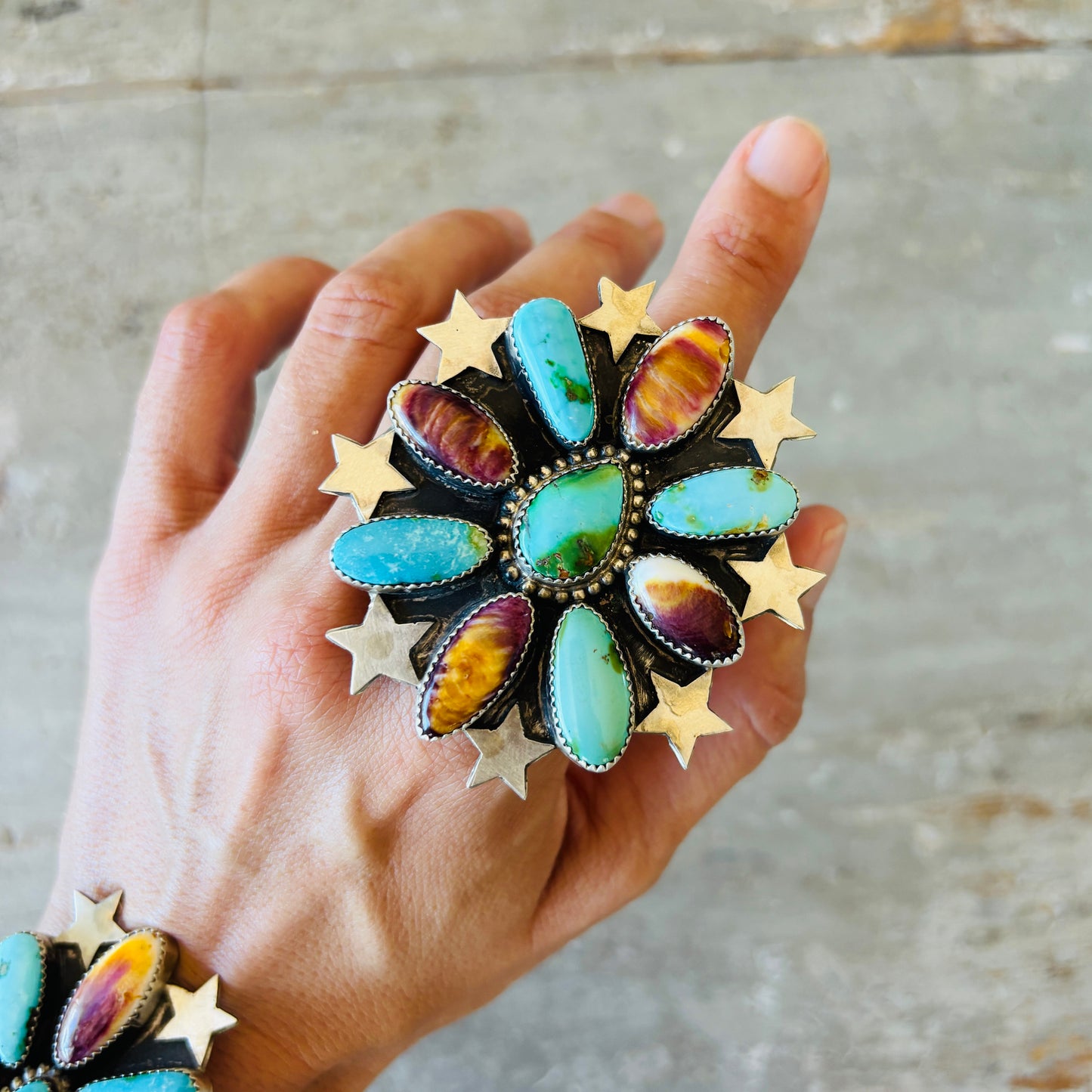 Navajo Chris Etsitty Sterling Silver - Purple Spiny & Sonoran Turquoise Stars Ring