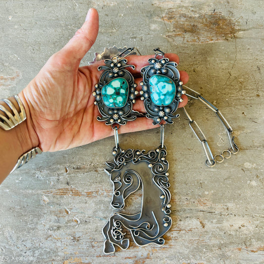 Navajo Miranda Willie Sterling Silver & Whitewater Turquoise Horse Statement Necklace