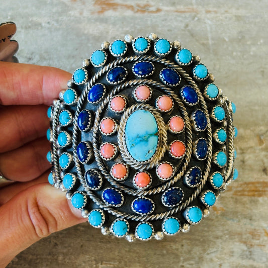 Navajo Lily Kee Sterling Silver Multi Stone Cluster Cuff