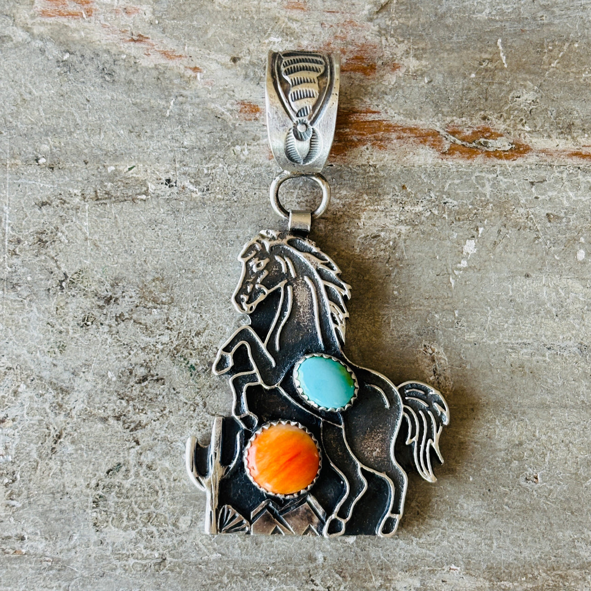 Navajo Kindale Billah Sterling Silver - Orange Spiny & Kingman Turquoise Horse Pendant