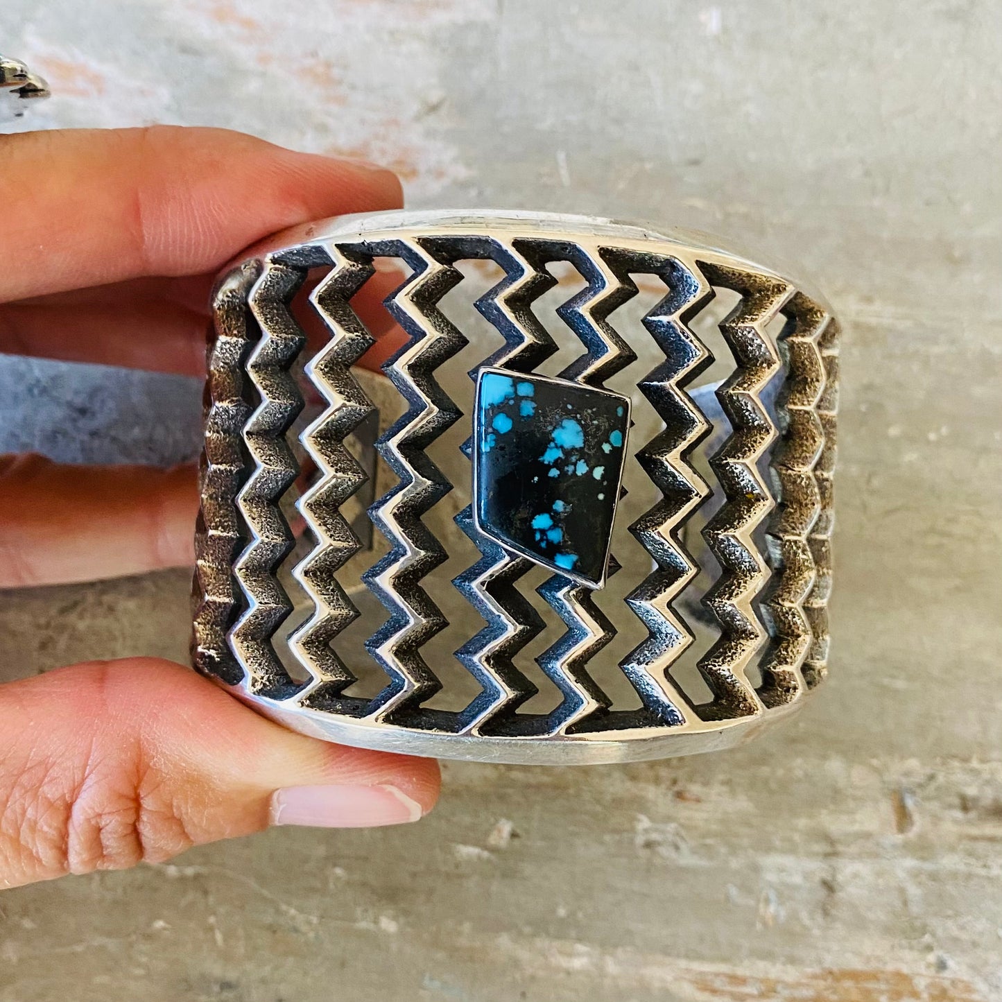 Navajo Aaron Anderson Sterling Silver & Indian Mountain Turquoise Cast Lightning Bolts Cuff