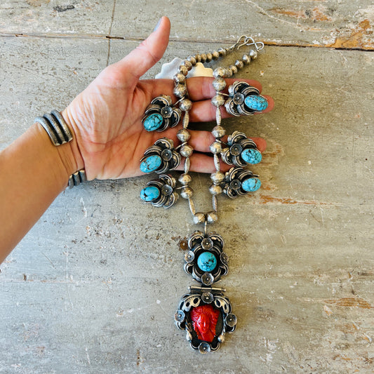 Vintage Navajo Hallmarked Sterling Silver - Red Coral & Persian Turquoise Statement Necklace