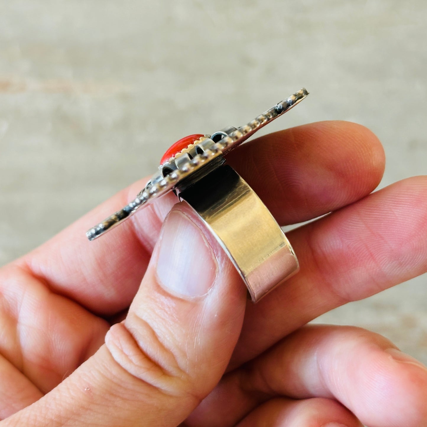 Navajo Braxton Parkett Sterling Silver & Red Coral Statement Ring