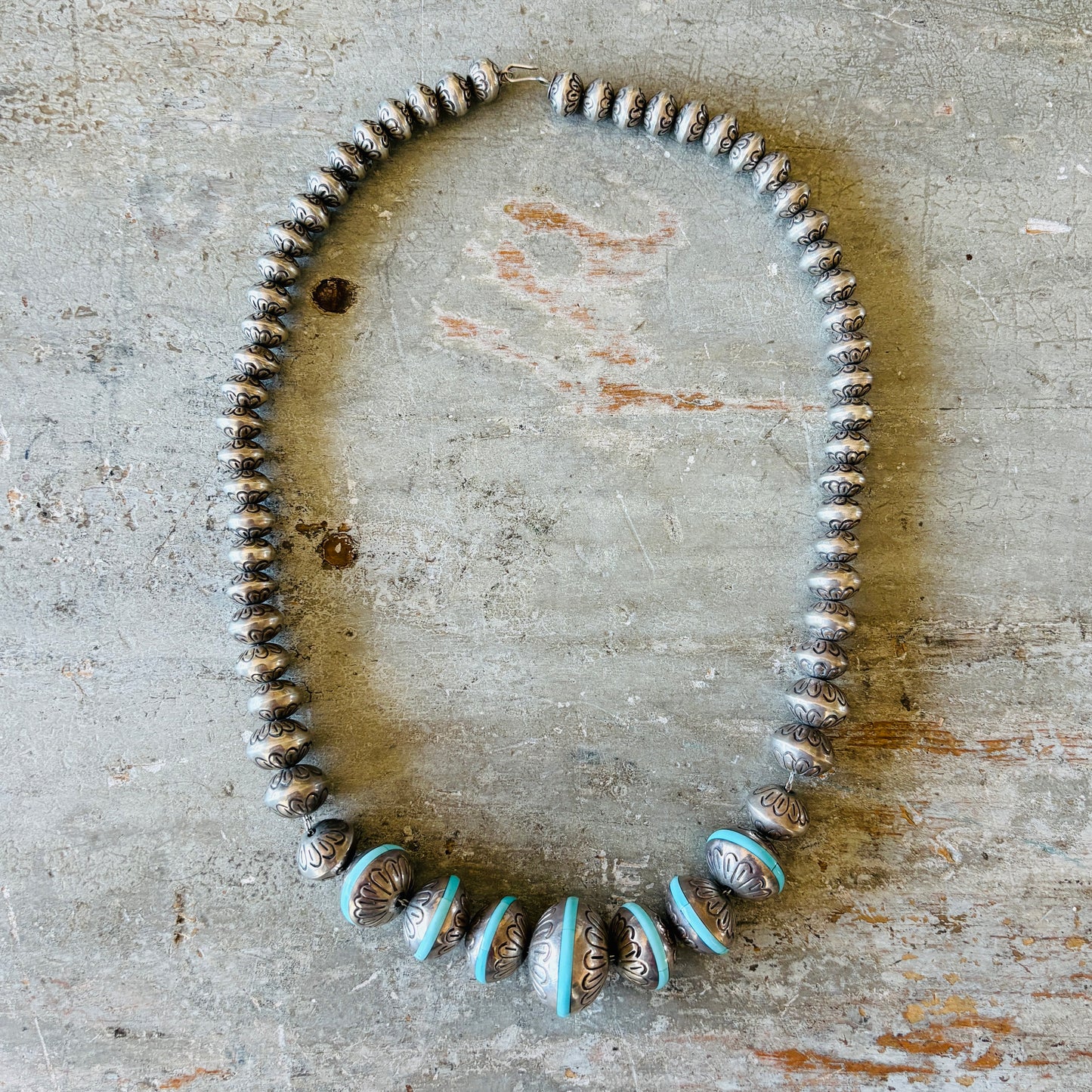 Vintage Signed BJ Sterling Silver & Turquoise Inlay Graduated Handmade Pearls