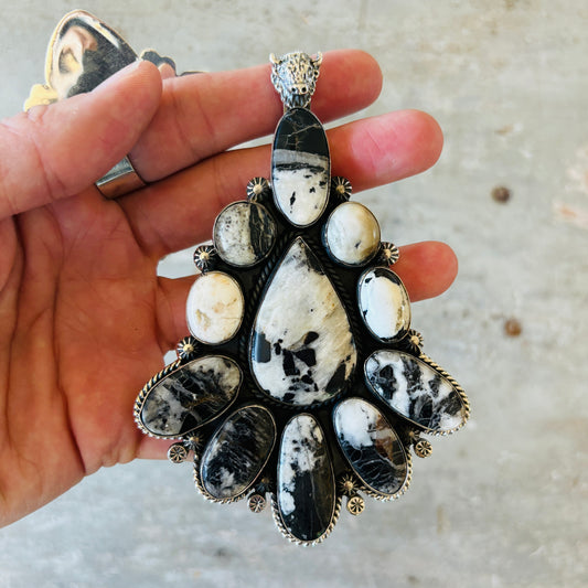 Navajo Hemerson Brown Sterling Silver & White Buffalo Cluster Statement Pendant