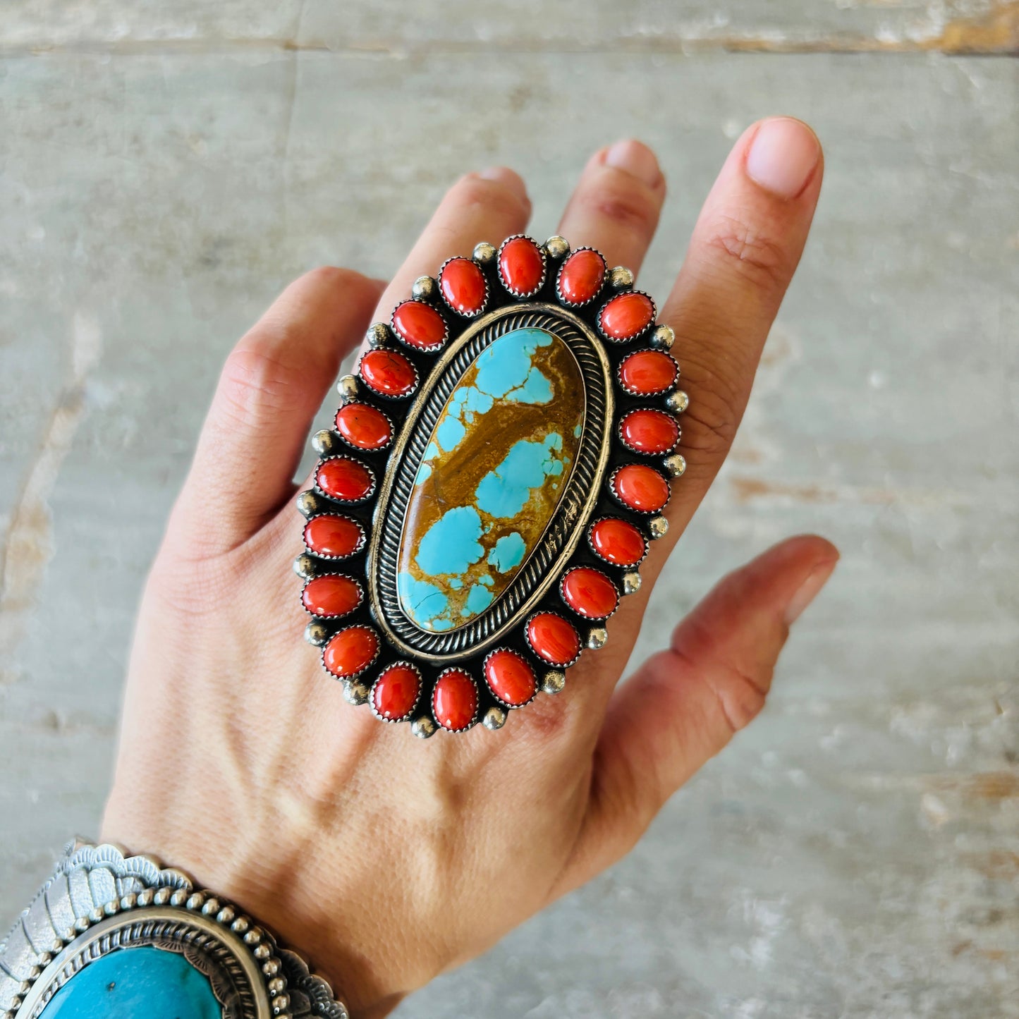 Navajo Hemerson Brown Sterling - Red Coral & #8 Turquoise Cluster Ring