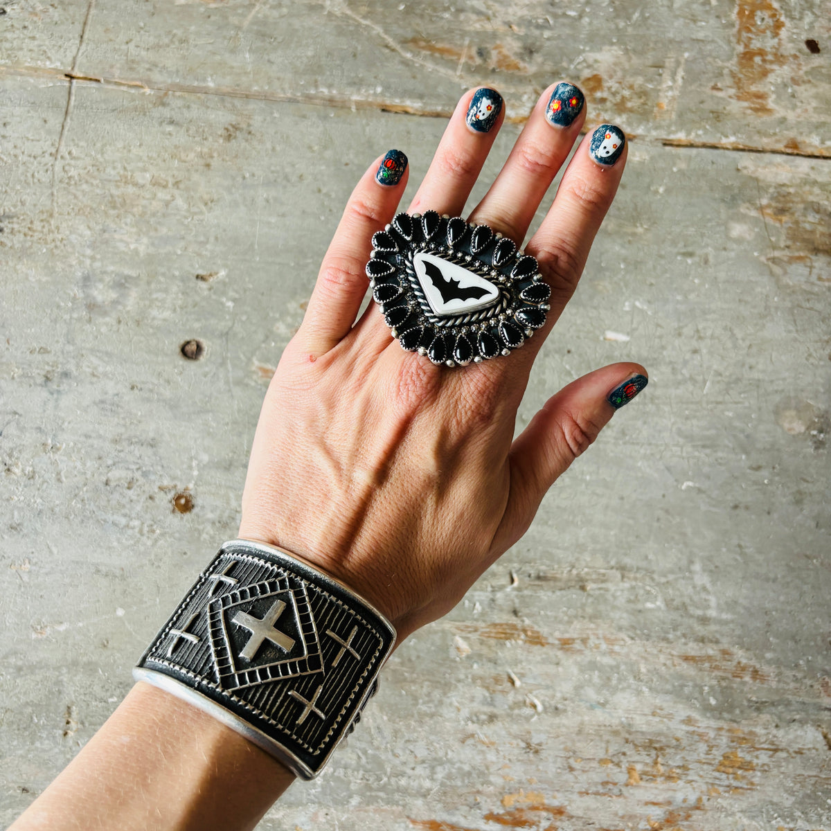 Navajo Kindale Billah Sterling Silver - Ceramic & Black Onyx Bat Ring