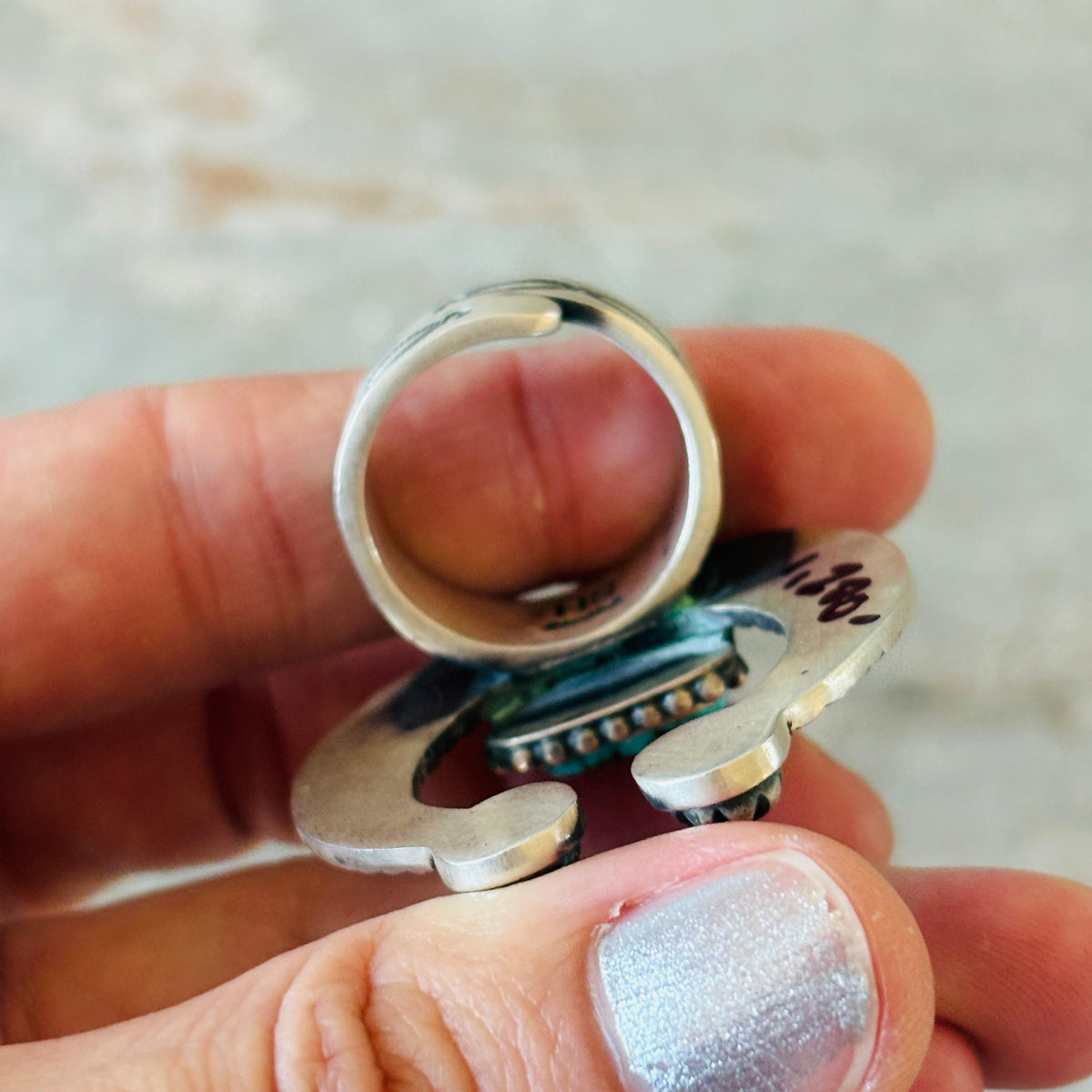 Navajo Hemerson Smith Sterling Silver & Web Kingman Turquoise Naja Ring
