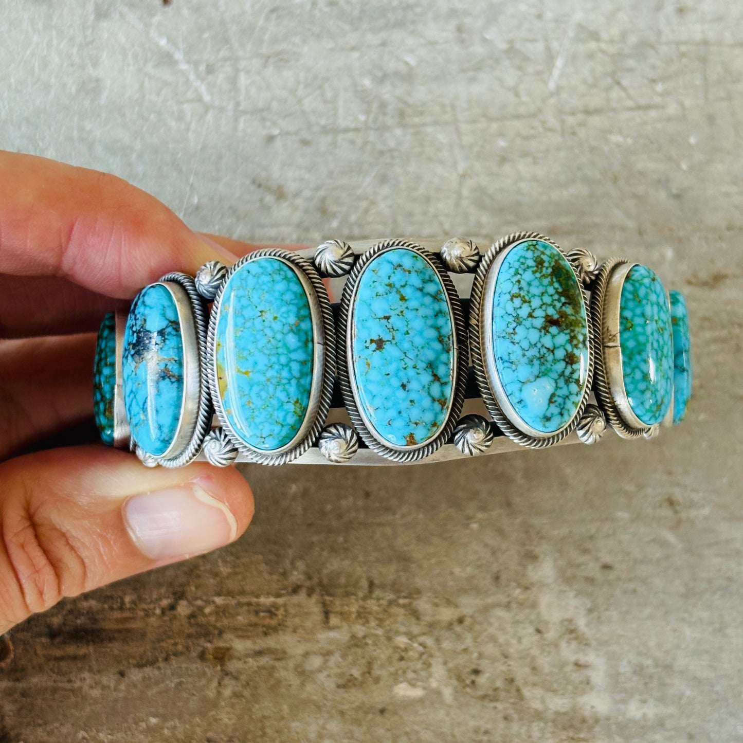 Navajo Freddie Maloney Sterling Silver & Spiderweb Kingman Turquoise 7 Stone Statement Cuff