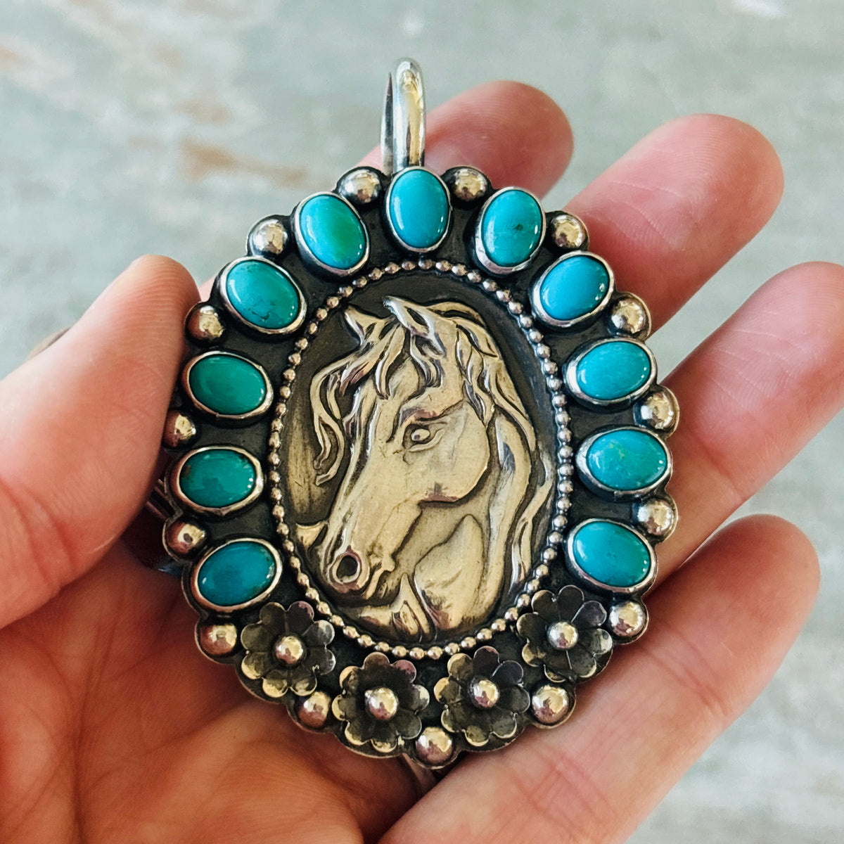 Navajo Ty Etsitty Sterling Silver & Kingman Turquoise Cluster Horse Pensant