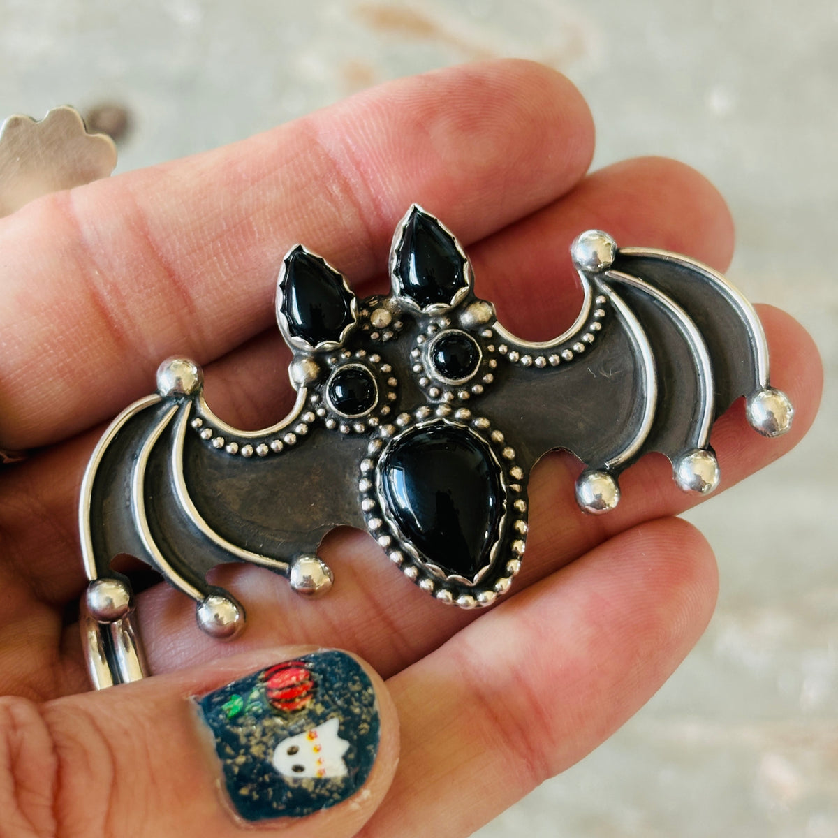 Navajo Readda Begay Sterling Silver & Black Onyx Bat Pin - Pendant