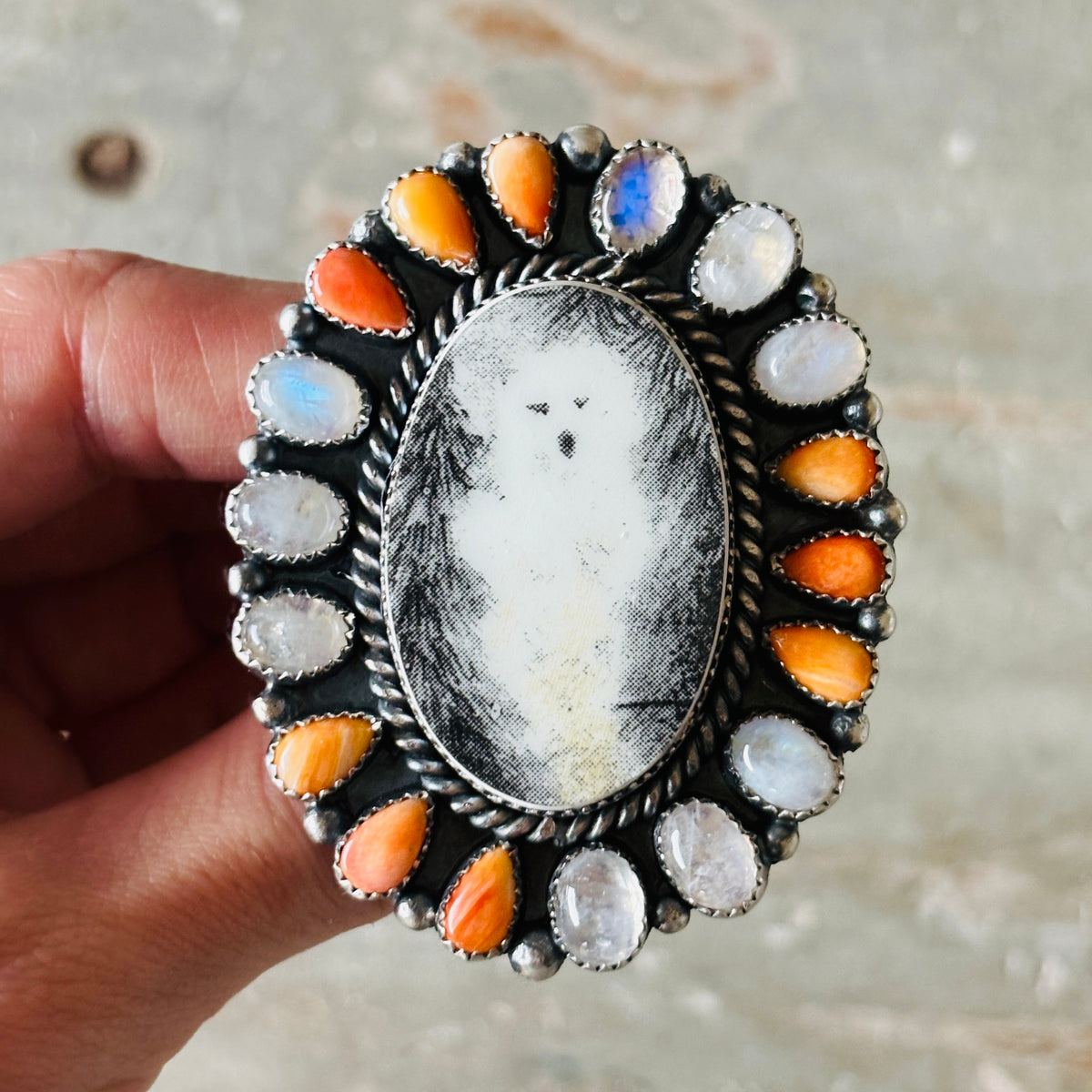 Navajo Kindale Billah - Ceramic - Orange Spiny Oyster & Moonstone Ghost Ring