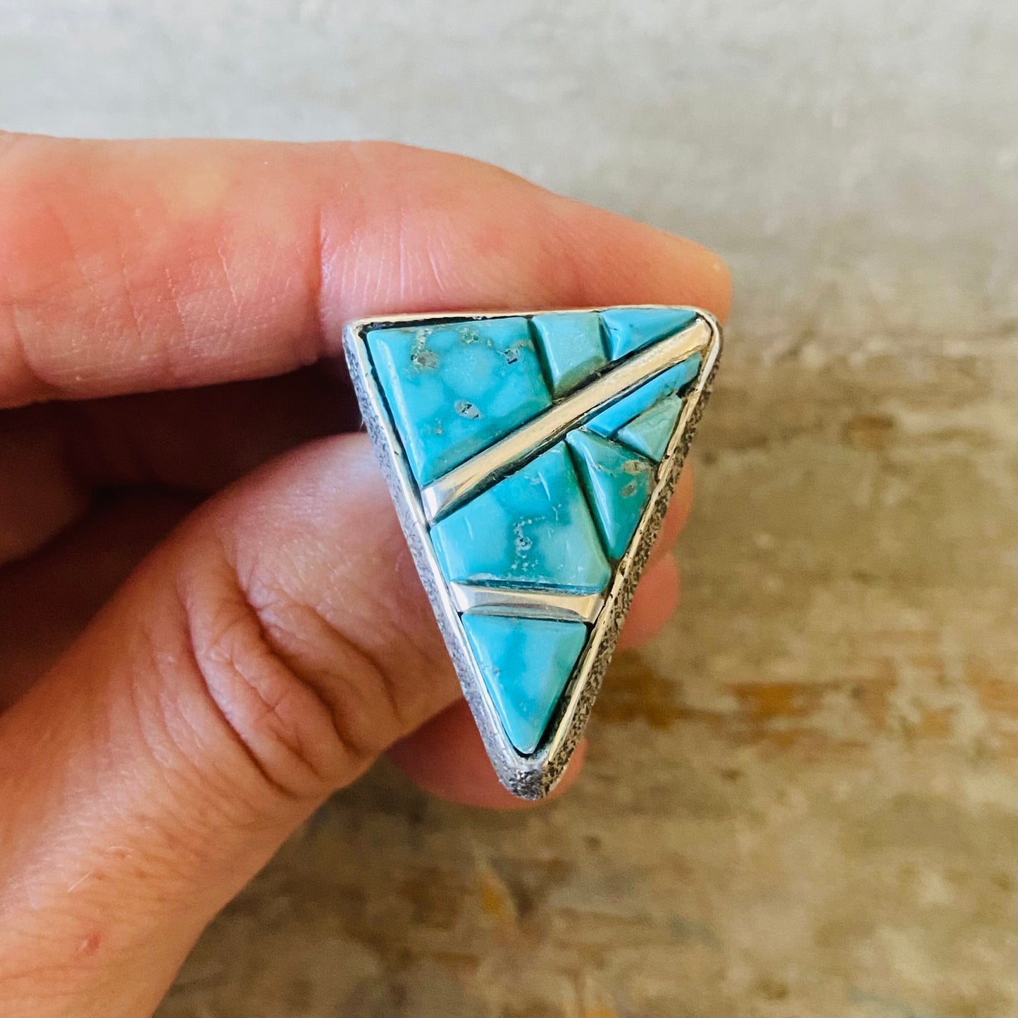 Navajo Lester James Sterling Silver & Kingman Turquoise Triangle Cobblestone Ring