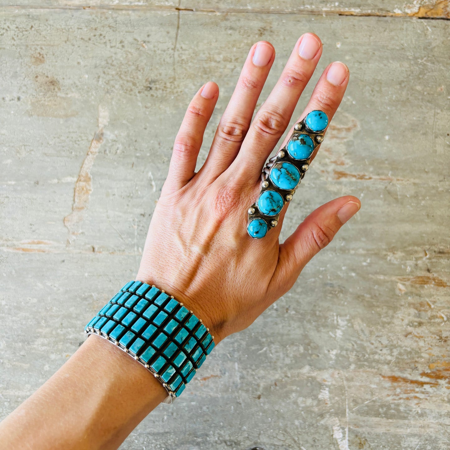 Vintage Navajo Signed Sterling Silver & Kingman Turquoise Five Stone Crawler Ring