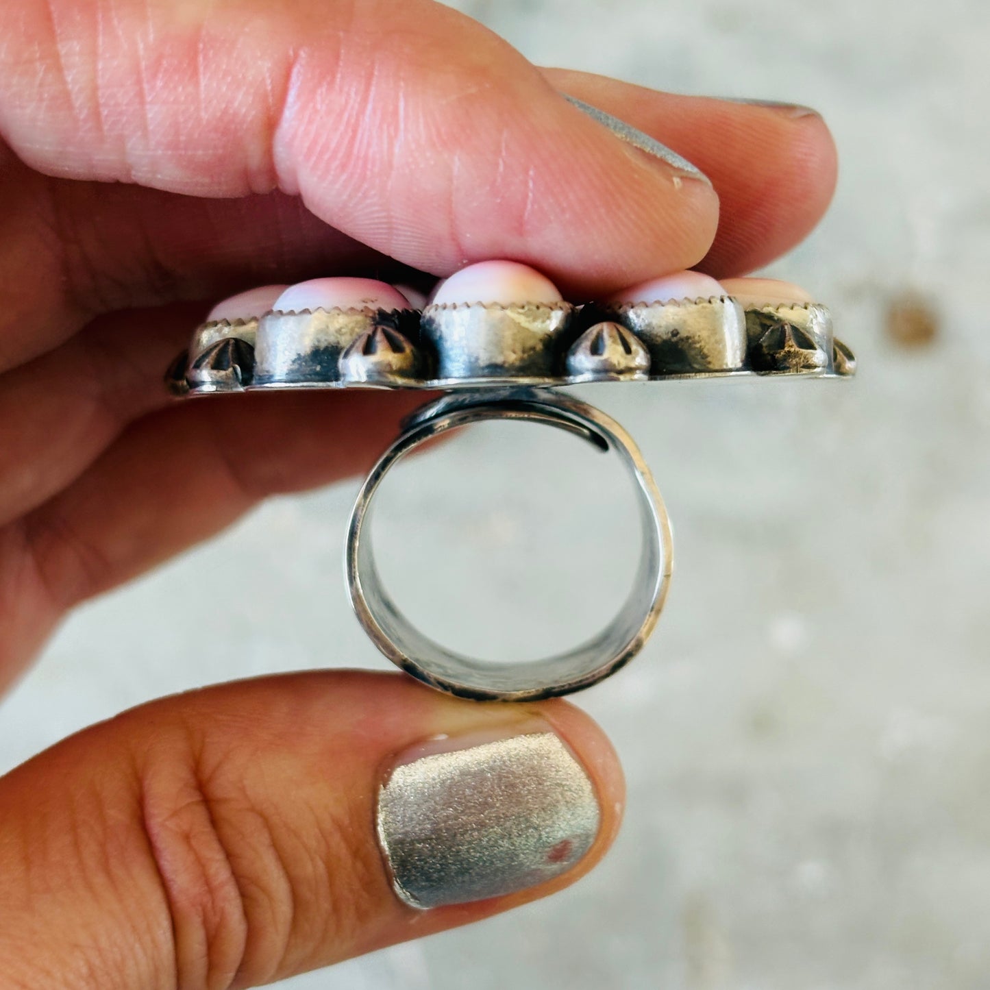 Navajo Dustin Francisco Sterling Silver & Pink Conch Cluster Ring