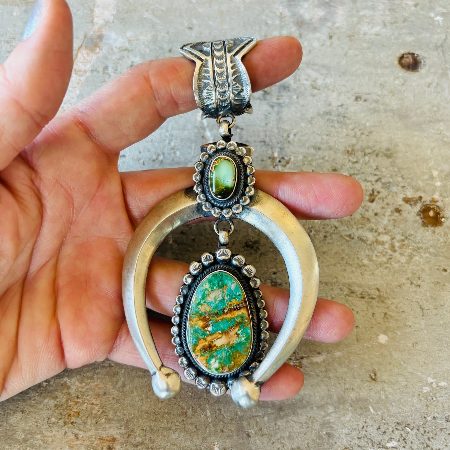 Navajo Leon Martinez Sterling Silver & Royston Turquoise Naja Pendant